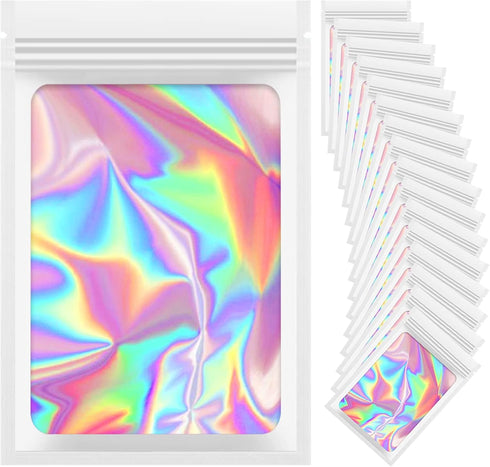 100 Pieces Resealable Mylar Bags, Small Holographic Packaging Bags, Smell Proof Mylar Bags for Food Storage/Jewelry/Eyelash for Small Business (Wh...