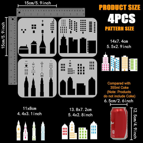 FINGERINSPIRE 4Pcs Layered City Skyline Painting Stencil Set 5.9Inch PET City Building Silhouette Drawing Template Reusable Architecture and Local...