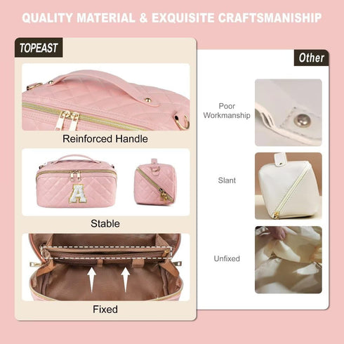 Initial Makeup Bag, Quilted Letter Cosmetic Bag Cute Make Up Bag with Handle Portable Travel Toiletries Bag Pink, Personalized Birthday Gift for W...