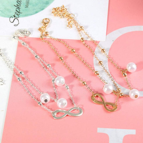 Boho Infinite Anklet Bracelets Pearl Layered Anklet Chain Silver Beach Foot Jewelry for Women...