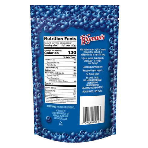 Wyman's Whole Dried Wild Blueberries - 100% Wild Blueberries, No Sugar Added, Snack Food, Topping, Baking, Resealable Bag - 4.5oz...