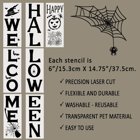 Welcome Stencils and Halloween Stencils with Spider Webs - Welcome Stencil Templates for a Vertical Sign - Halloween Stencils for Painting on Wood...