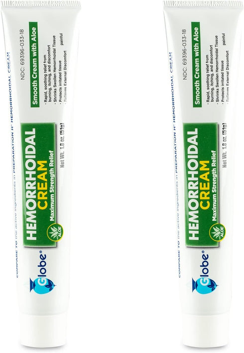 Globe (2 Pack) Hemorrhoid Cream, Relief with Aloe, (1.8 Ounce Tube) Relief from Hemorrhoids, Piles, Itching, Burning, Discomfort, & More...