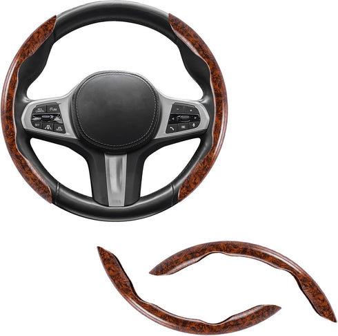 Amiss Car Wood Grain Steering Wheel Cover, Car Interior Accessories, 2PCS Segmented Steering Wheel Protector, Universal 99% Car Wheel Cover Protec...