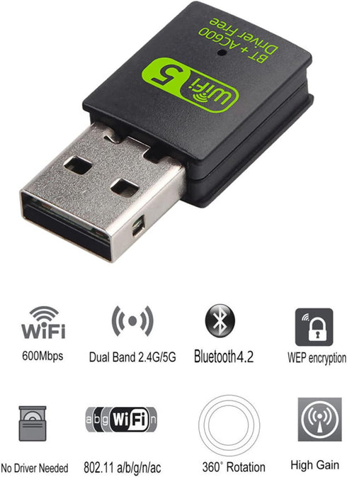 USB WiFi Bluetooth Adapter, 600Mbps Dual Band 2.4/5GHz Wireless Network Card, USB WiFi Dongle for PC/Laptop/Desktop, Support Windows XP/7/8.1/10...