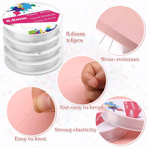 0.6mm/4 Rolls Elastic Stretch Thread for Bracelets, Transparent Beading String with 2 Sizes Big Eye Bead Needles and Needle Bottle, Clear Stretch ...