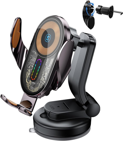 Wireless Car Charger, ESSAGER 15W Fast Charging Car Phone Holder Mount Auto Clamping Cell Phone Stand for iPhone 15 14 13 12 11 Pro Max, Samsung G...