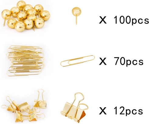 Gold Binder Paper Clips Set,182pcs Large Paper Clips,Binder Clips,Push pins, Office Supplies Clips for Women,Desk Accessory...