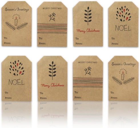 Boho Simple Christmas Gift Tag Adhesive Stickers – 2 x 3 Inch Labels, Roll of 100 with Minimalist Designs – Merry Christmas, Noel, and Candle, Mad...