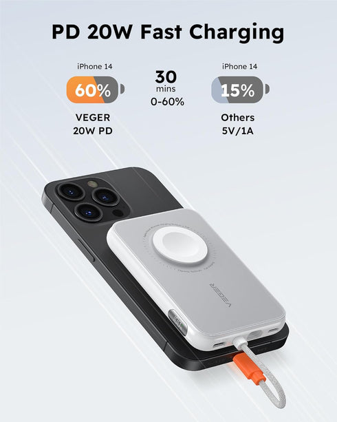 VEGER Portable Charger for iPhone with Built in Cable, 5000mAh Mini Power Bank Battery Pack, PD 20W Fast Charger Travel Essential Compatible with ...