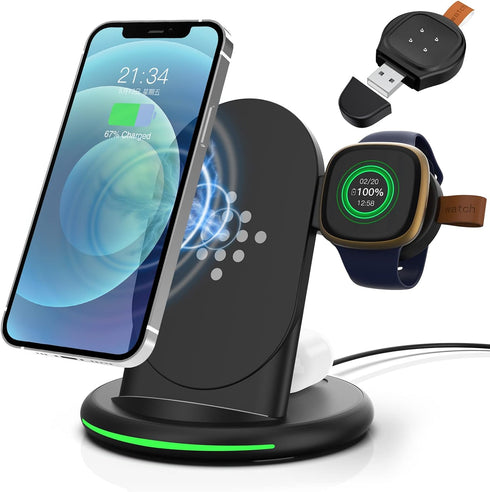 3 in 1 Journey Charger for Fitbit sense2/sense/versa 3/Versa 4, Wireless Charger for iphone14/Samsung Galaxy S23, AirPods Pro, Galaxy Buds Pro, Ot...