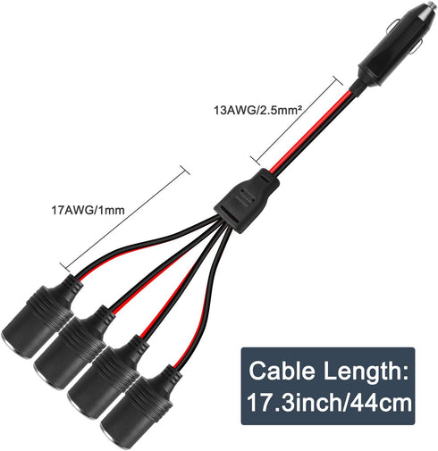 1 to 4 Car Cigarette Lighter 12v 24v Power Charger Adapter 4 Way Socket Car Cigarette Lighter Splitter Extension Cable 13AWG with 20A Fuse- 1FT/0....
