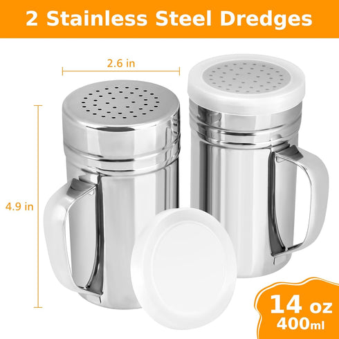 Accmor 2pcs Stainless Steel Dredge, Salt Pepper Dredge Shakers with Handle, Seasonings Spice Shakers with Lid, 14 Ounce...