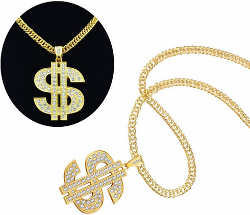 Gold Necklace Chain for Men with Dollar Sign, Bling Gold Plated Hip Hop Dollar Necklace Pendant Rhinestone Jewelry Punk Style...