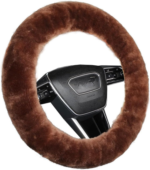 Soft Fluffy Sheepskin Car Steering Wheel Cover for Universal Auto Vehicle Women Man 14 1/2 inch-15 1/2inch Fuzzy Accessories (Saddle Brown)...