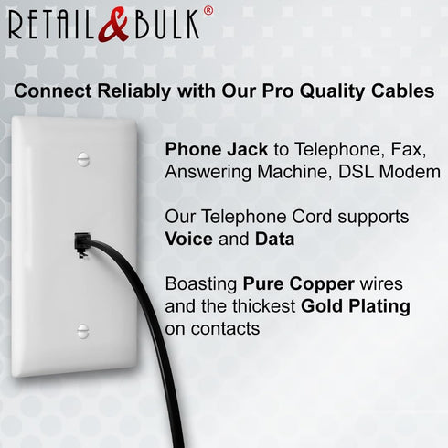 (2 Pack) 1.5 Foot Telephone Cord, Professional Grade Made in USA, 6P4C Male RJ11 Plugs with 50 Micron Gold Contacts, Pure Copper Wire Phone Line C...