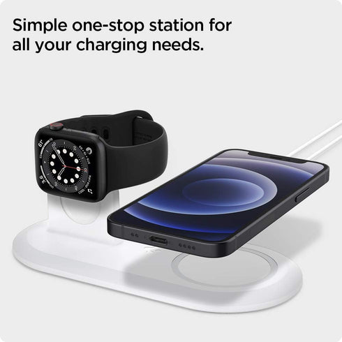 Spigen Mag Fit Duo Designed for MagSafe Charger Stand Charging Pad Case for iPhone 16, 15, 14, 13, 12 Models/Apple Watch All Series/Airpods - Whit...