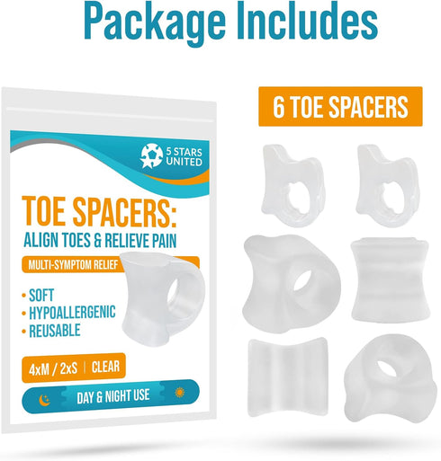 5 STARS UNITED Toe Spacers for Men & Women – 4 Big and 2 Pinky Gel Separators for Overlapping & Curled Toes, Bunions, Alignment - Diabetic Foot Ca...