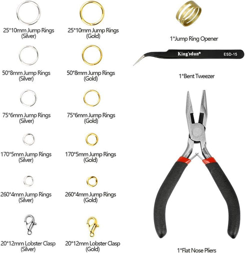 Kingsdun 1200Pcs Jump Rings for Jewelry Making with Lobster Clasps & Needle Nose Pliers, Jump Ring Opener and Tweezers, Jewelry Findings Tool Kit ...