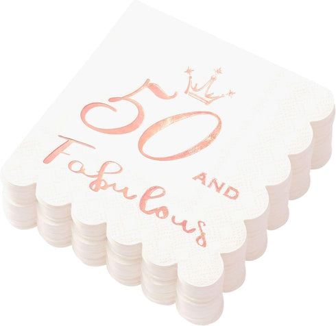 50 and Fabulous Cocktail Napkins Rose Gold - 50th Birthday Decorations for Women, Folded 5x5 Inches Disposable Party Napkins, 3-Ply Paper Beverage...