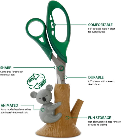 Scissors with Animated Koala Holder, 8.5” Stainless Steel Blades, Comfortable Soft Air Grip Handles, Fun Animal Desk Decor with Non-Slip Weighted ...