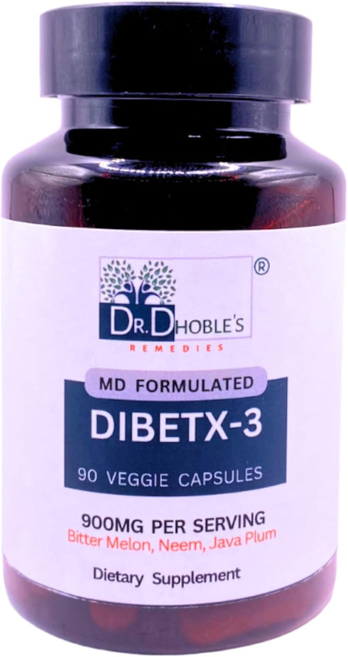 Dibetx-3 - Malabar Plum (Jamun), Neem (Azadirachita Indica), Bitter Melon (Karela), Ayurvedic Herbal Blend, Vegan, Organic, Gluten-Free, Lactose-F...