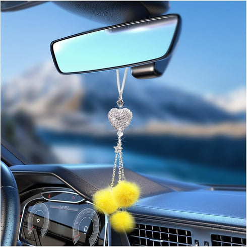 Bling Car Hanging Ornament, Cute Love Heart and Plush Ball Pendant for Auto Rear View Mirror, Lucky Diamond Rearview Mirror Charm for Women Girls,...