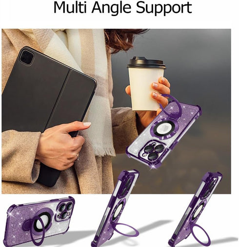 Fiyart Designed for iPhone 15 Pro Max Magnetic Case Glitter Bling Ring Holder Kickstand Function Bumper Compatible with MagSafe Camera Lens Protec...