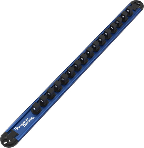 Precision Defined Aluminum Tool Socket Holder | Blue, Single 3/8-Inch Socket Organizer x 16 Clips | Heavy Duty Socket Rails Organizer, Socket Stor...