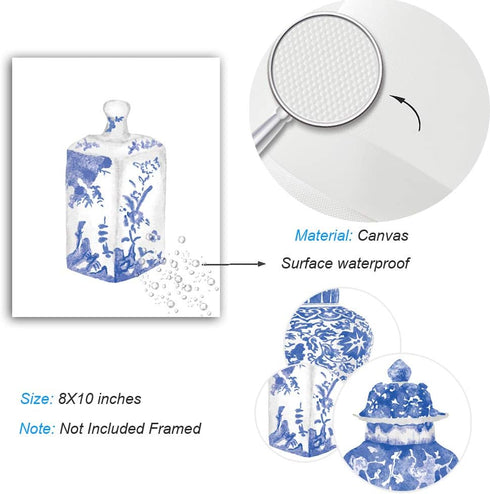 Chinoiserie Wall Art Print-- Bedroom or Study Decor -- Chinese Blue White Porcelain Vase Canvas Print ( Set of 6 )--Unframed--8X10 inch 1...
