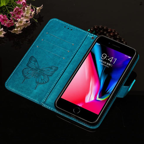 for iPhone 7/8 Plus Wallet Case, 6/6S Plus Case, Butterfly Floral Embossed, Wrist Strap, Card Holder Slots,Stand Leather Protective Flip Cover (Bl...