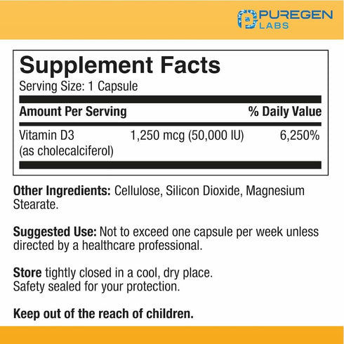 Puregen Labs Vitamin D3 50,000 IU (1250 mcg) 100 Weeks Supply for Healthy Muscle Function, and Immune Support, Non-GMO, Gluten Free 100 Vegetable ...