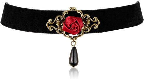 RareLove Red Rose Teardrop Gothic Lolita Velvet Choker Necklace and Dangle Earrings Jewelry Set Halloween Costumes for Women Accessories...