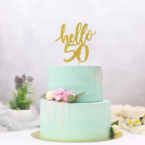 Hello 50 Cake Topper - 50th Birthday / 50th Anniversary Party Cake Decoration, 50th Birthday / 50th Anniversary Party Decorations Supplies (Gold, ...