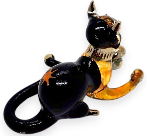 Tiny 2¼" Black Brown Crouching Play Ball Cat Figurine Miniature Hand Blown Painted Glass Cats Kitten Feline Animals Cute Crystal Decorative Collec...