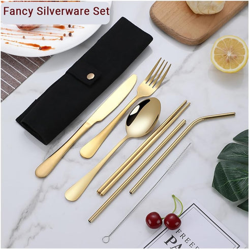 Gold Silverware Set - Portable Stainless Steel Utensils Set with Case Reusable Flatware Set For Camping Travel 7Pcs Include Chopsticks Knife Fork ...