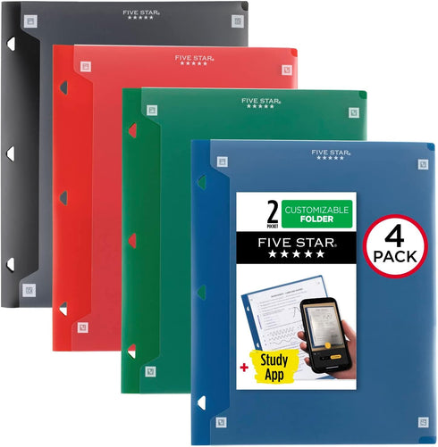 Five Star Pocket Folder + Study App, 4 Pack, 2 Pocket Folder, Customizable Cover, Fits 3 Ring Binder, Black, Pacific Blue, Fire Red, Forest Green ...