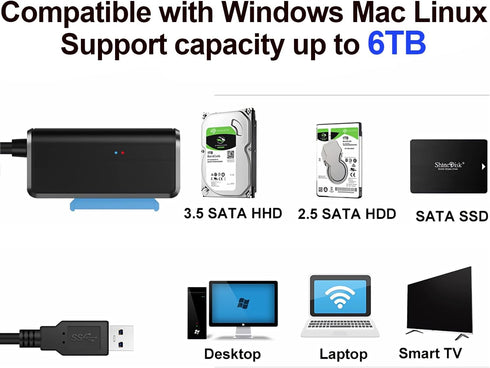 SATA to USB 3.0 Adapter, USB to SATA III Cable External Hard Drive Converter for 2.5 3.5 inch HDD/SSD Data Transfer Support UASP includes 12V/2A P...