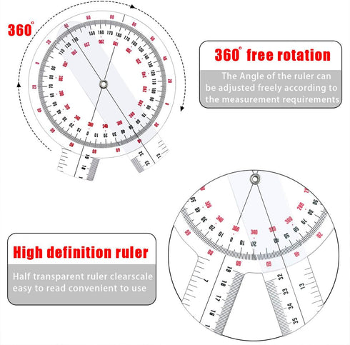 Goniometer 12 inch, Transparent Orthopedic Angle Ruler Plastic Goniometer, 360 Degree Clear Protractor Physical Therapy for Body Measuring Tape Go...