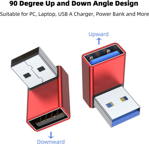 AreMe 90 Degree USB 3.0 Adapter 2 Pack, Up and Down Angle USB A Male to Female Converter Extender for PC, Laptop, USB A Charger, Power Bank and Mo...