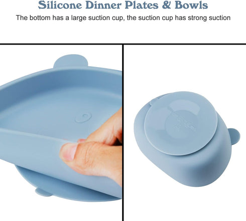 Suction Plates for Baby,4 pcs Divided Placemat Dish for Toddlers and Kids,Baby Spoon Fork Set for Toddlers,Silicone Plates for Kids (Blue)...