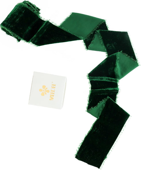 MEEDEE Green 3 Inch Velvet Ribbon Fringe Raw Edge Silk for Wreaths, Flower Bouquet, Dress Sash, Baby Shower, Wedding Decor (3 Yards)...