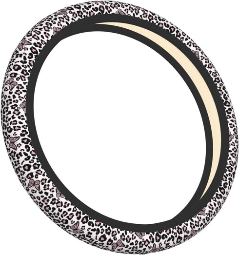 Black and White Leopard Print Auto Car Pink Butterfly Steering Wheel Cover Universal 15 Inch Neoprene Interior Decor Protection Accessories...