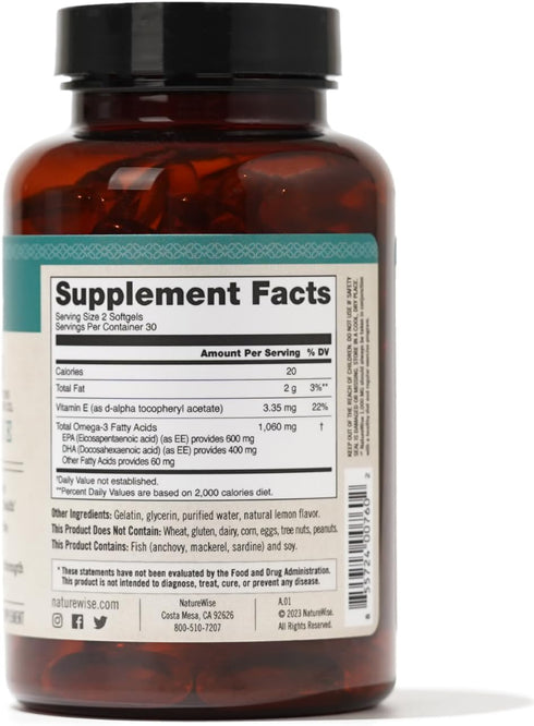 NatureWise Extra-Strength Omega 3 Fish Oil Supplement - 1000mg per Serving - 600 EPA & 400 DHA and Vitamin E - Support for Heart & Brain Health - ...
