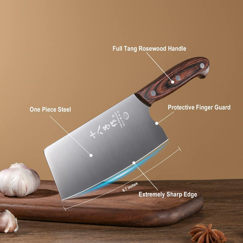 SHI BA ZI ZUO Chinese Meat Cleaver Knife 6.7-inch Meat Knife Stainless Steel Slicer Cleaver, Wooden Handle with Moderate Weight...