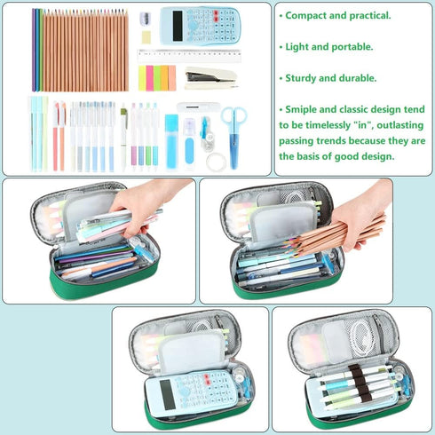 Homecube Pencil Case Oxford Fabric Waterproof Pencil Bag Make-up Pen Pouch Durable Stationery Bag Pen Holder for Man & Women, Grey lining-Green...
