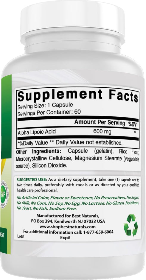 Best Naturals Alpha Lipoic Acid 600 mg 60 Capsules - ALA Powerful Antioxidant (60 Count (Pack of 1))...