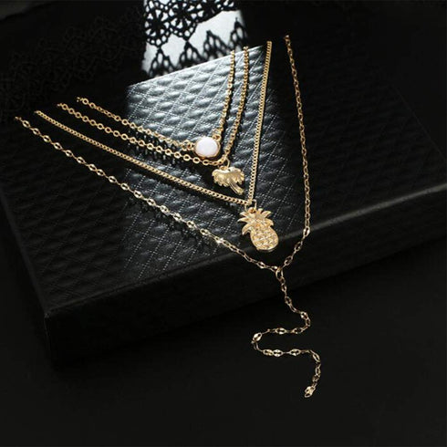 Bohemia Layered Choker Necklace Palm Tree Necklace Pineapple Necklace Opal Choker Gem Pendants Necklace Summer Jewelry Gold Lariat Y Necklace for ...