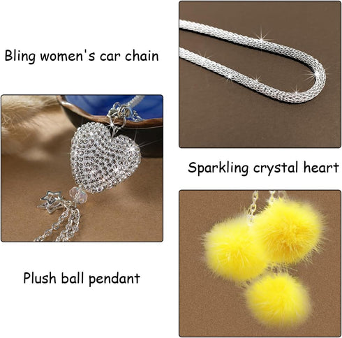 Bling Car Hanging Ornament, Cute Love Heart and Plush Ball Pendant for Auto Rear View Mirror, Lucky Diamond Rearview Mirror Charm for Women Girls,...