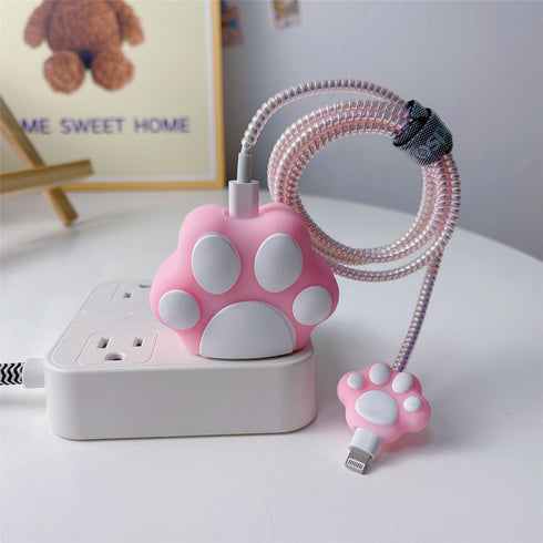 3D Cute Cartoon Charger Protector Case - Compatible for Apple 20W USB-C Power Adapter and Lightning Cable (Pink Cat's Claw)......